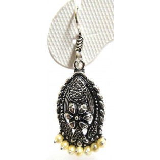 Silver Oxidized Oval Floral Earring - Hook Dangle Drop Long Tribal - Cream Beads